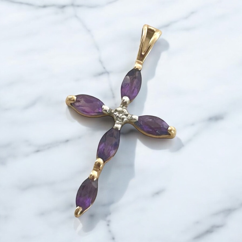 10k Yellow Gold Purple Marquise Amethyst Diamond Cross Necklace Pendant Gift .8"